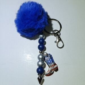 Blue And Silver Beaded bag charm / keychain With American Flag Cowboy Boot Charm
